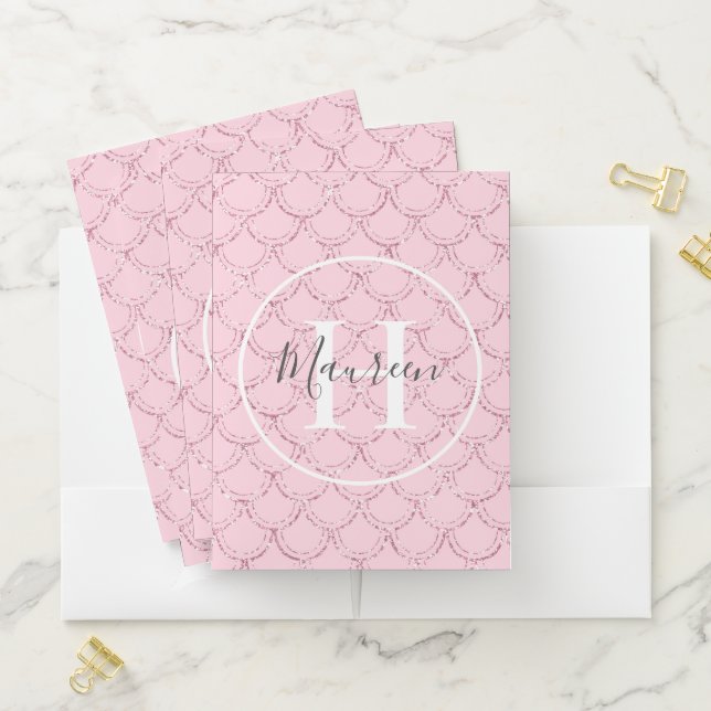 Monogram Name Initials Pink Mermaid Scales Glitter Pocket Folder (In Situ)