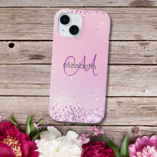 Monogram Name Initials Pink Purple Glitter iPhone 15 Case