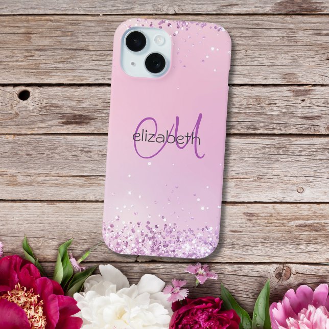 Monogram Name Initials Pink Purple Glitter Iphone Case (Monogram name initial pink purple glitter iPhone case)
