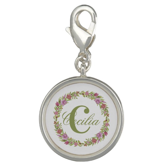 Monogram Name Initials Pink Purple Green Floral Charm (Front)