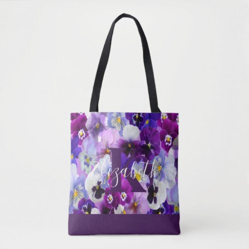 Monogram Name Initials Purple Pansy Floral Trendy  Tote Bag