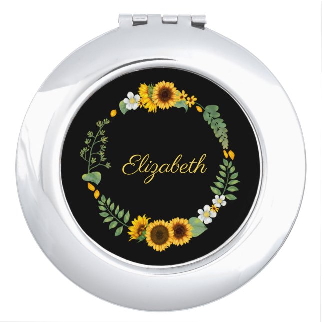 Monogram Name Initials Sunflowers Floral Black  Compact Mirror (Front)