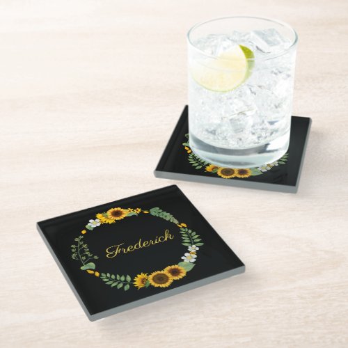 Monogram Name Initials Sunflowers Floral Black Glass Coaster