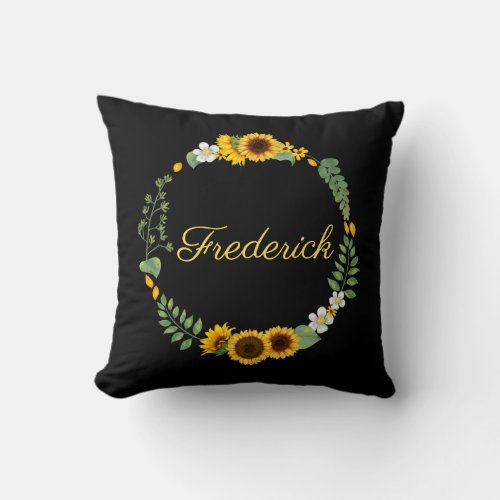 Monogram Name Initials Sunflowers Floral Black Throw Pillow