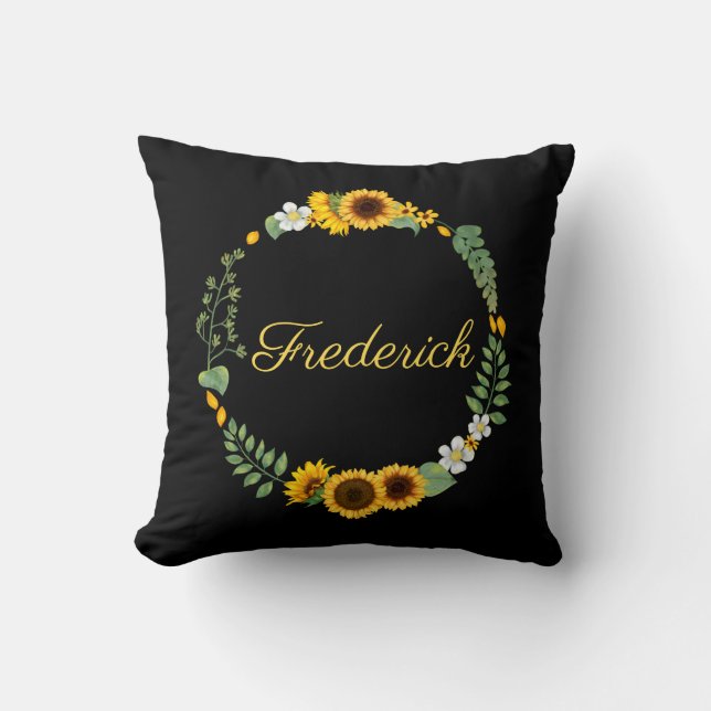 Monogram Name Initials Sunflowers Floral Black Throw Pillow (Front)