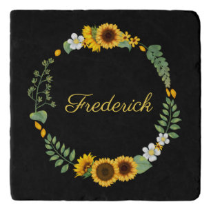 Monogram Name Initials Sunflowers Floral Black Trivet