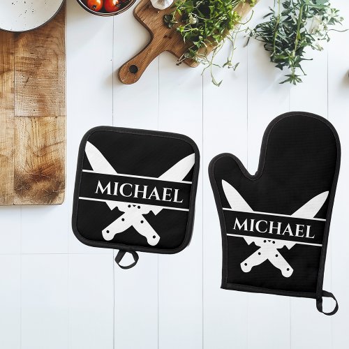 Monogram Name Knives Chef Cook Grilling Oven Mitt  Pot Holder Set