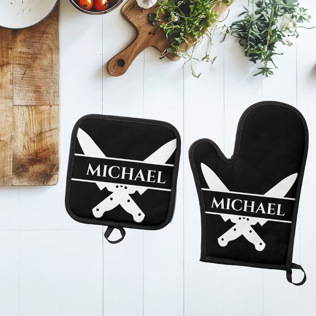 Monogram Name Knives Chef Cook Grilling Oven Mitt & Pot Holder Set (Creator Uploaded)