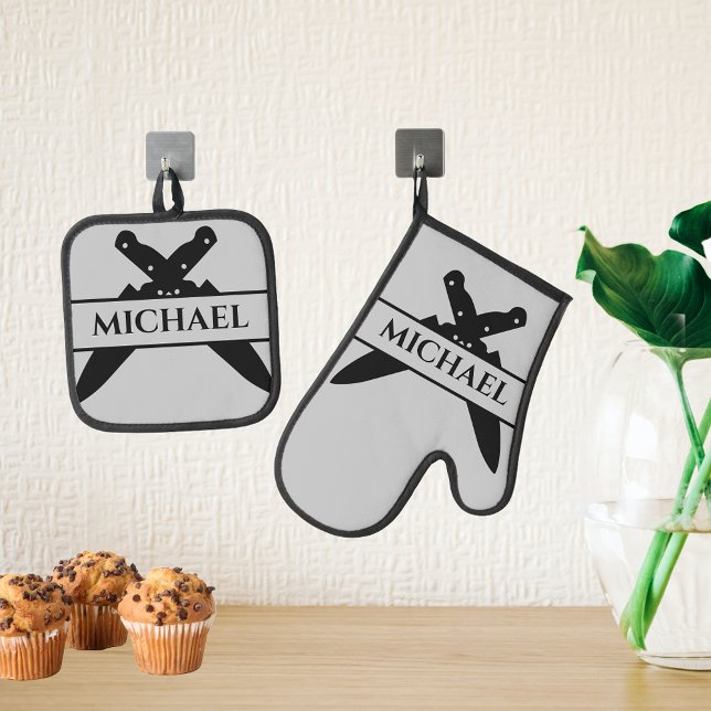 Monogram Name Knives Chef Cook Grilling Oven Mitt & Pot Holder Set (Creator Uploaded)