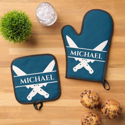 Monogram Name Knives Chef Cook Grilling Oven Mitt  Pot Holder Set