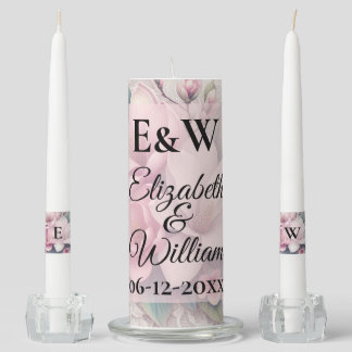 Monogram name lace pink magnolia flower watercolor unity candle set