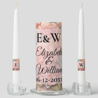 Monogram name lace pink roses flowers watercolor unity candle set