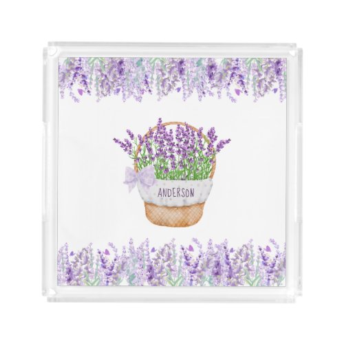 Monogram Name Lavender Flowers Basket Green Purple Acrylic Tray