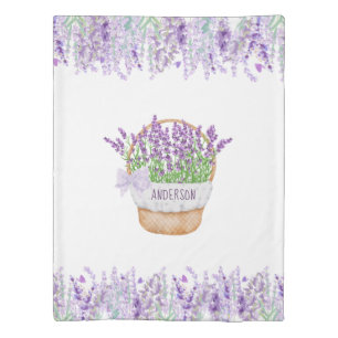 Monogram Name Lavender Flowers Basket Green Purple Duvet Cover