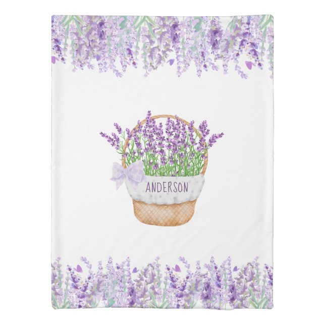 Monogram Name Lavender Flowers Basket Green Purple Duvet Cover (Back)