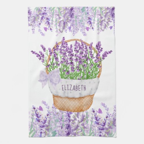 Monogram Name Lavender Flowers Basket Green Purple Kitchen Towel