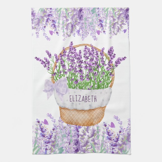 Monogram Name Lavender Flowers Basket Green Purple Kitchen Towel (Vertical)