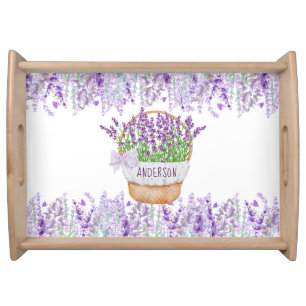 Monogram Name Lavender Flowers Basket Green Purple Serving Tray