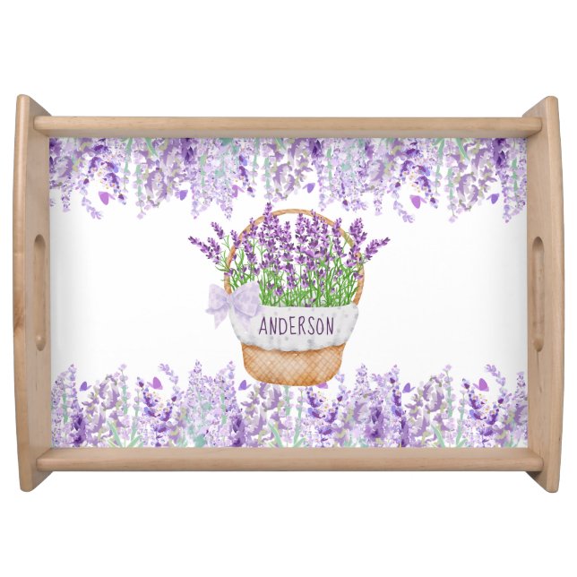 Monogram Name Lavender Flowers Basket Green Purple Serving Tray (Front)