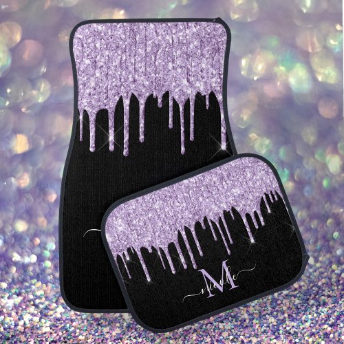 Monogram Name Lavender Purple Glitter Drip Black Car Floor Mat