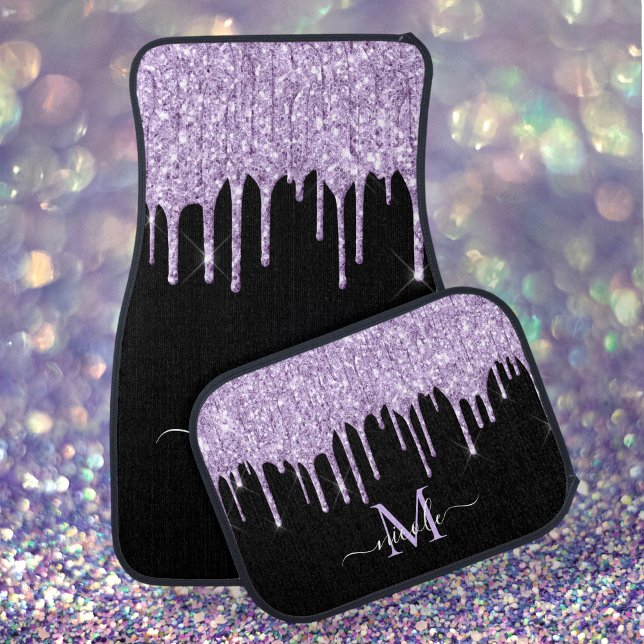 Monogram Name Lavender Purple Glitter Drip Black Car Floor Mat (Creator Uploaded)
