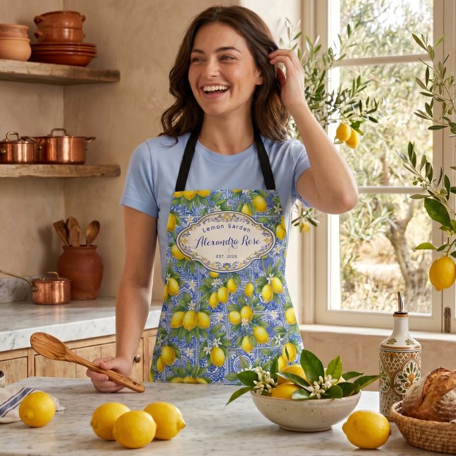 Monogram Name Lemon Blue French Country Tile  Apron (Creator Uploaded)