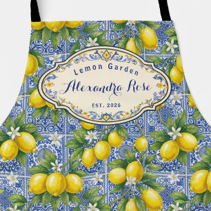 Monogram Name Lemon Blue French Country Tile Apron