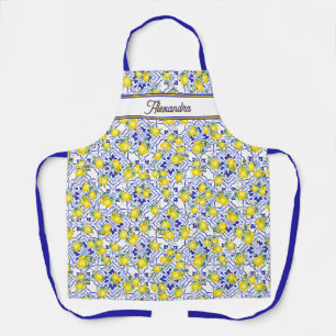Monogram Name Lemon Blue French Country Tile Apron