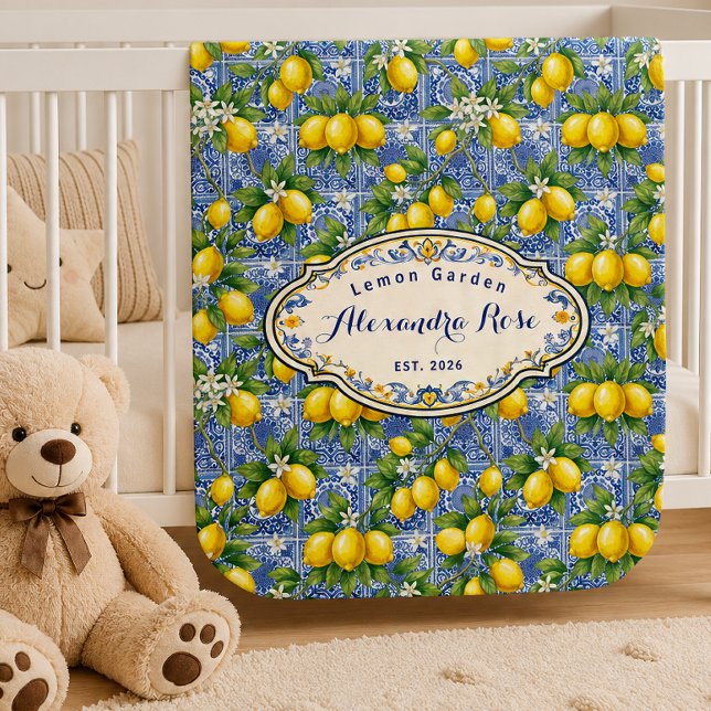 Monogram Name Lemon Blue French Country Tile  Baby Blanket (Creator Uploaded)