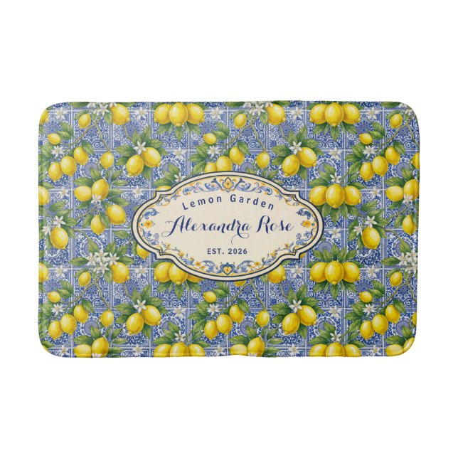 Monogram Name Lemon Blue French Country Tile  Bath Mat (Front)