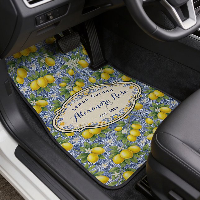 Monogram Name Lemon Blue French Country Tile  Car Floor Mat (Creator Uploaded)