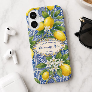 Monogram Name Lemon Blue French Country Tile iPhone 16 Case