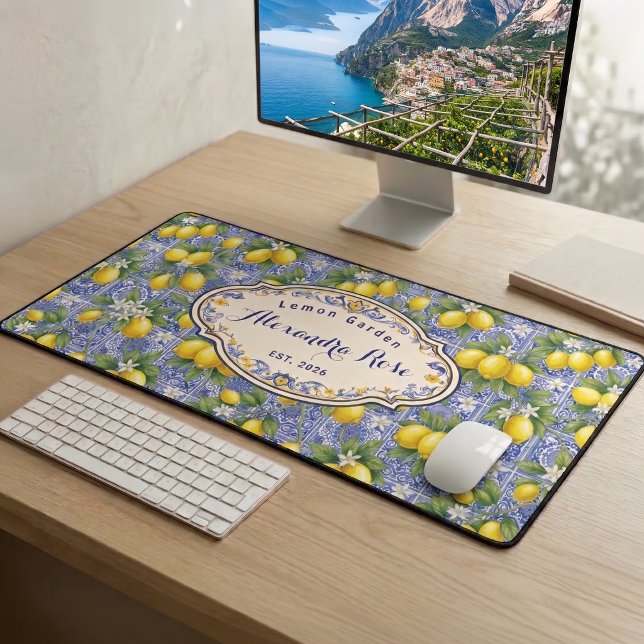 Monogram Name Lemon Blue French Country Tile  Desk Mat (Creator Uploaded)