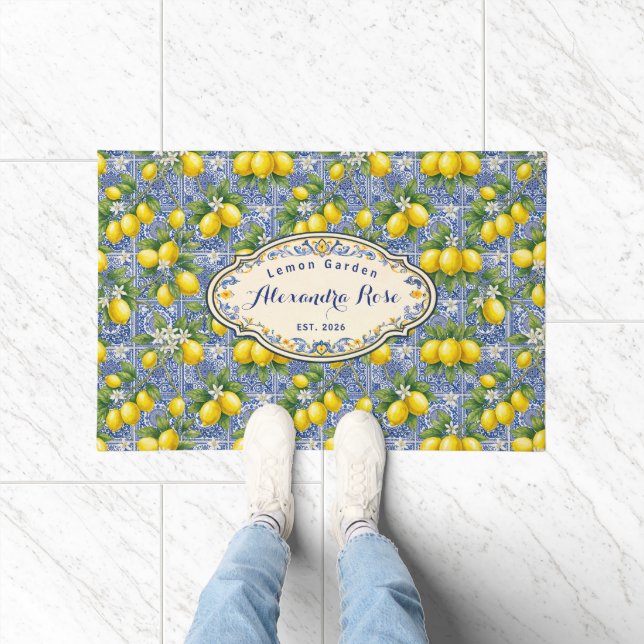 Monogram Name Lemon Blue French Country Tile  Doormat (Indoor)