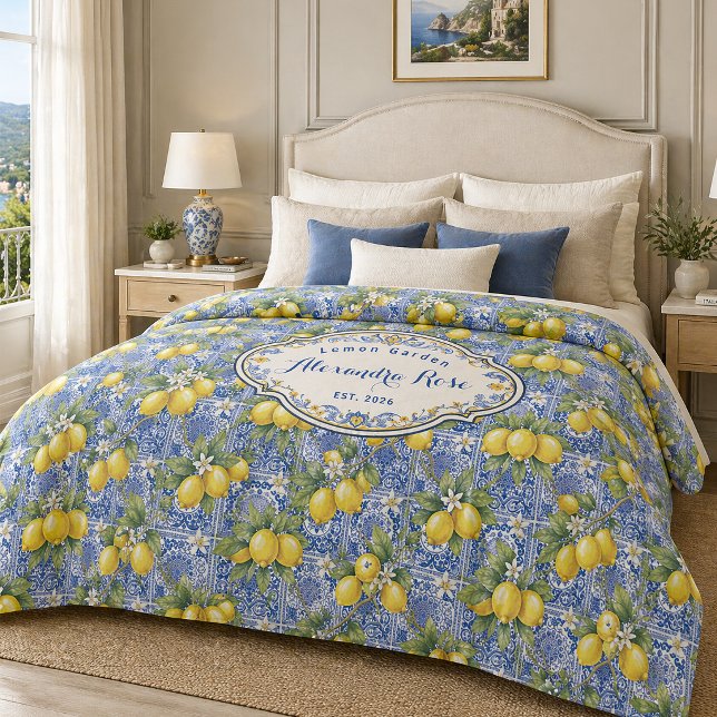 Monogram Name Lemon Blue French Country Tile  Duvet Cover (Creator Uploaded)