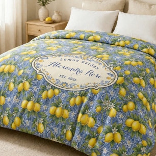 Monogram Name Lemon Blue French Country Tile  Duvet Cover