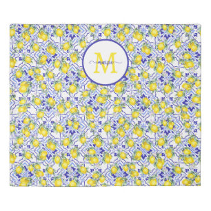 Monogram Name Lemon Blue French Country Tile Duvet Cover