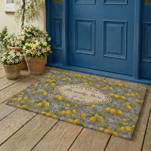 Monogram Name Lemon Blue French Country Tile  Fiber Doormat