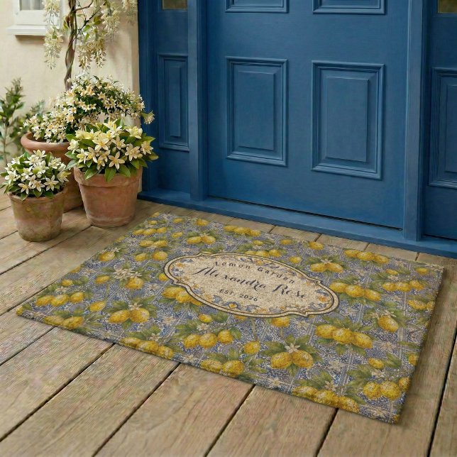 Monogram Name Lemon Blue French Country Tile  Fiber Doormat (Creator Uploaded)