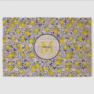 Monogram Name Lemon Blue French Country Tile  Fiber Doormat