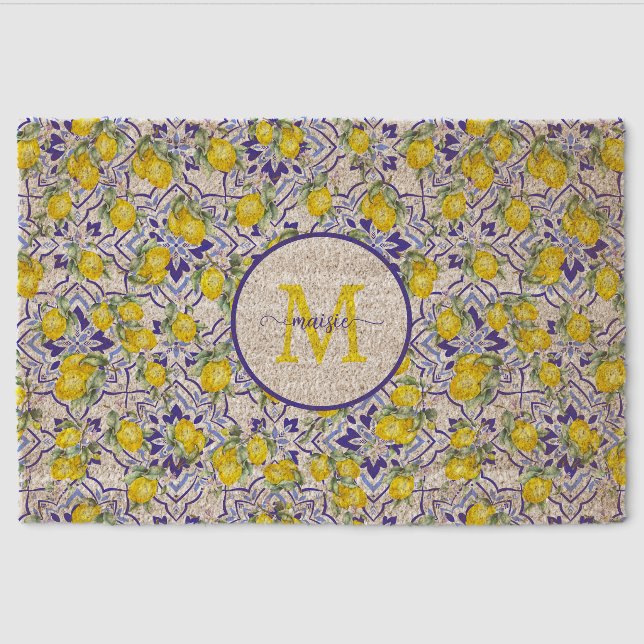 Monogram Name Lemon Blue French Country Tile  Fiber Doormat (Front)