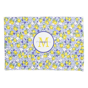 Monogram Name Lemon Blue French Country Tile Pillow Case