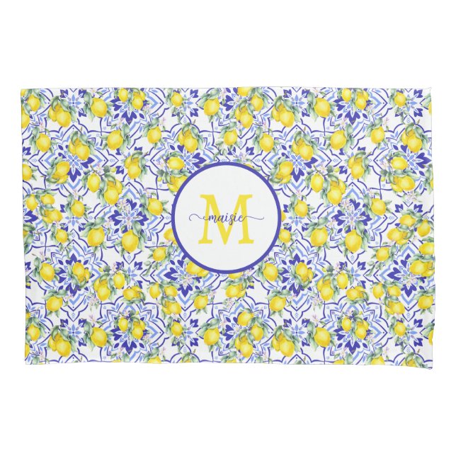 Monogram Name Lemon Blue French Country Tile  Pillow Case (Front)