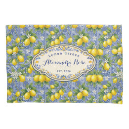 Monogram Name Lemon Blue French Country Tile  Pillow Case