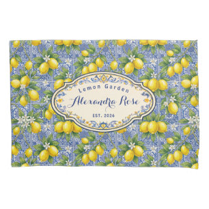 Monogram Name Lemon Blue French Country Tile  Pillow Case