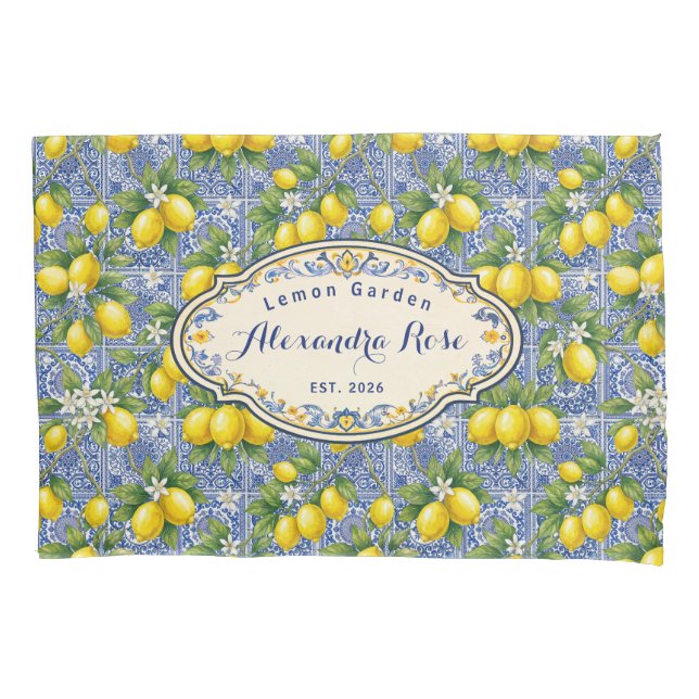 Monogram Name Lemon Blue French Country Tile  Pillow Case (Front)