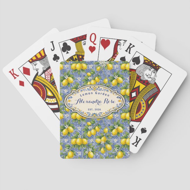 Monogram Name Lemon Blue French Country Tile  Poker Cards (Back)