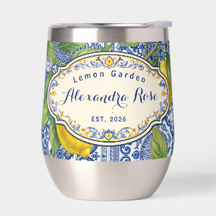 Monogram Name Lemon Blue French Country Tile  Thermal Wine Tumbler