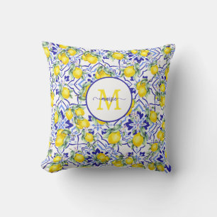 Monogram Name Lemon Blue French Country Tile Throw Pillow