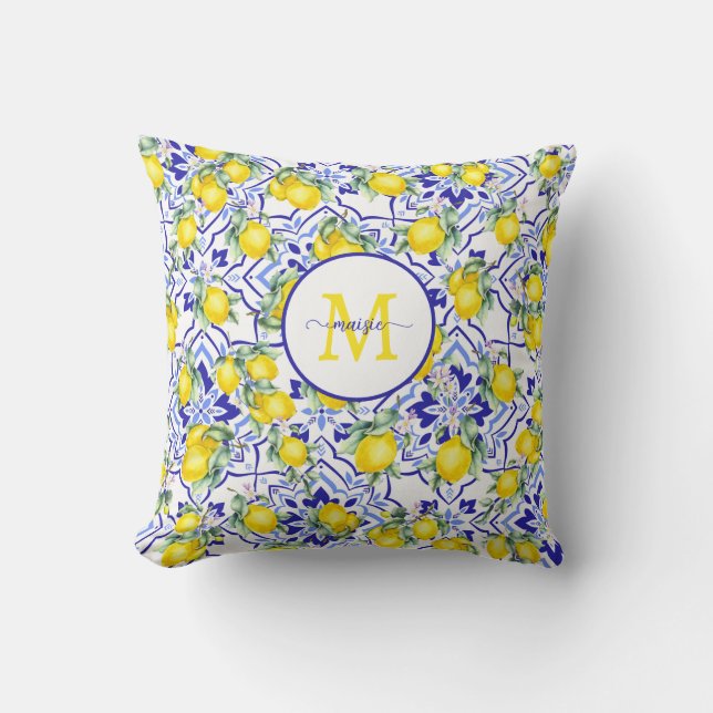 Monogram Name Lemon Blue French Country Tile  Throw Pillow (Front)